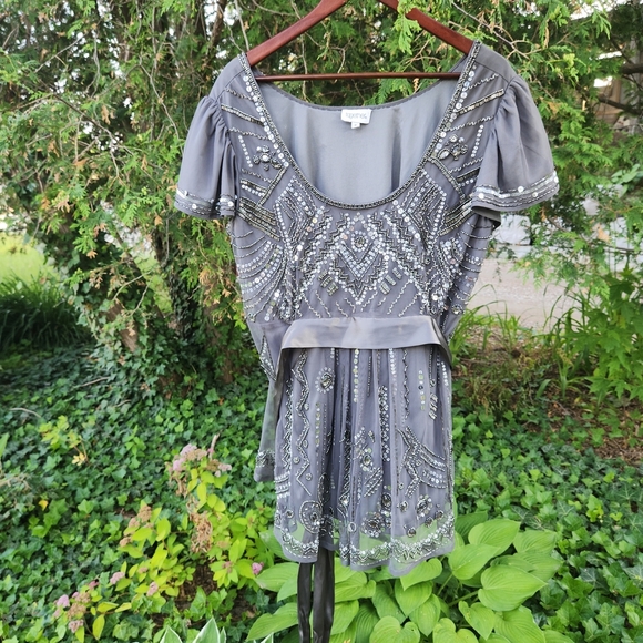 Embellished Gray Dress with Belt - Picture 1 of 5
